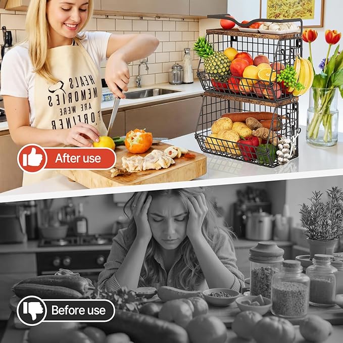 2 Pack Fruit Bowl Hanging Fruit Basket for Kitchen Counter ,Stackable Wire Baskets for Onion Storage and Potato Storage with Wood Lid,Vegetable Fruit Basket with Banana Hooks-Ruum Studio Home