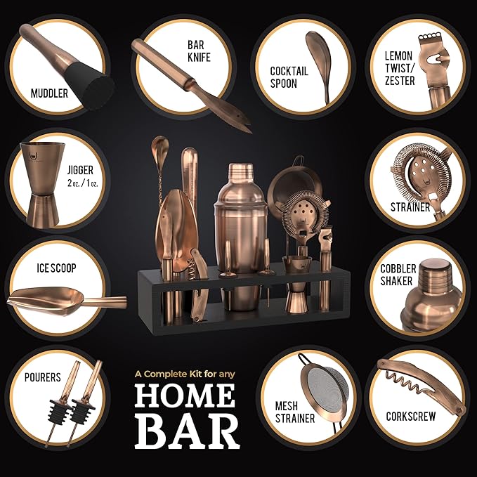 Highball & Chaser 13-Piece Cobbler Cocktail Shaker Set Matte Copper Stainless Steel Bartender Kit For Home Bar Cocktail Set Laser Engraved Cocktail Tools Plus E-Book with 30 Different Cocktail Recipes-Ruum Studio Home