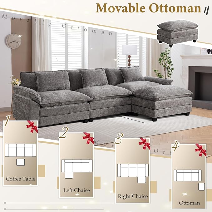 URRED Modular Sectional Sofa Comfy Cloud Couch, Modern Chenille Sofa Sleeper Deep Seat Couches with Ottoman/Pillows for Living Room (Gray, 117''- L Shape)-Ruum Studio Home