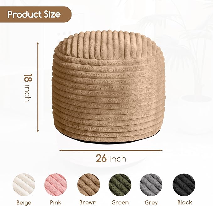 HIGOGOGO Round Stuffed Pouf Ottoman, Stripe Faux Fur Poufs with Foam Chunk Filling, Furry and Fluffy Pouf Foot Stool Storage Ottoman, 26 X 18 Floor Poufs Foot Rest for Living Room, Brown-Ruum Studio Home