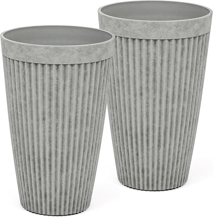 20" Resin Tall Planters for Outdoor Plants, Set of 2 Vintage Gray Large Flower Pots with Handmade Fluted Texture, Heavy-Duty and Weather-Resistant for Year Round Indoor Outdoor use-Ruum Studio Home