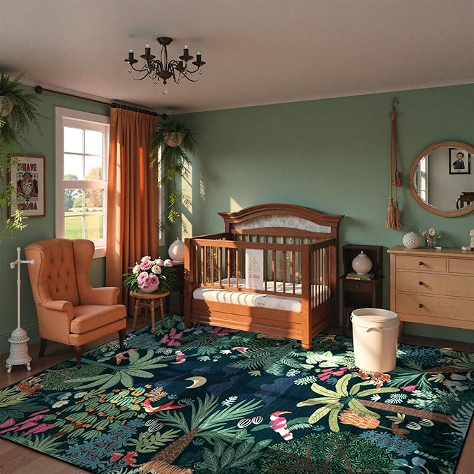 LIVEBOX Washable Jungle Dark Green Rugs 9x12 for Living Room, Stain Resistant Soft Kids Area Rugs for Bedroom, Non-Skid Modern Dining Room Rug Floor Carpet for Playroom Kids Nursery-Ruum Studio Home