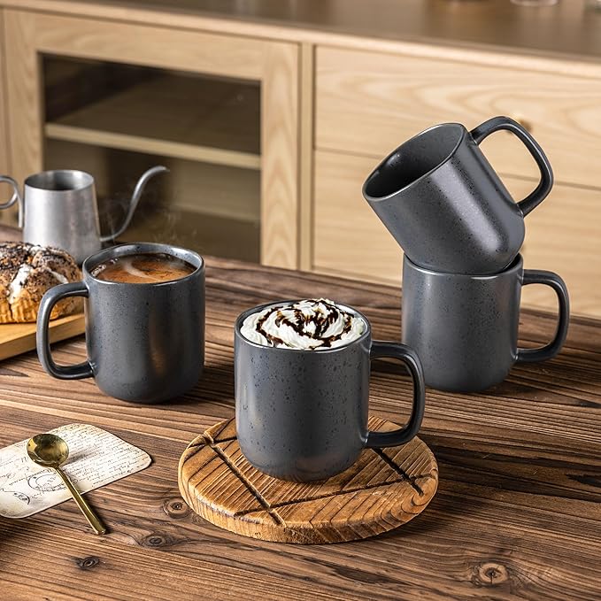 AmorArc 14oz Coffee Mugs Set of 6, Ceramic Coffee Mugs with Large Handle & Wavy Rim for Latte/Hot Cocoa/Tea, Stylish Coffee Cups for Men Women. Oven,Dishwasher&Microwave Safe, Dark Gray-Ruum Studio Home