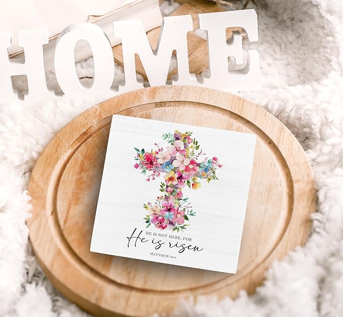 SRADMO He Is Risen Sign, Floral Cross Easter Christian Wood Box Sign Desk Decor, Christian Easter Decorations, Easter Theme Wooden Block Box Decoration for Home Office Shelf Table Decor-Ruum Studio Home