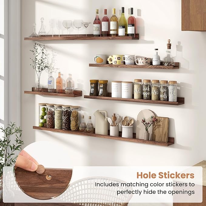 Fun Memories Picture Ledge Shelves Set of 2, 36 Inch Rustic Wall Mounted Floating Shelves with Lip for Home Storage and Décor in Bathroom, Kitchen, Nursery, Bedroom, Living Room, Walnut-Ruum Studio Home