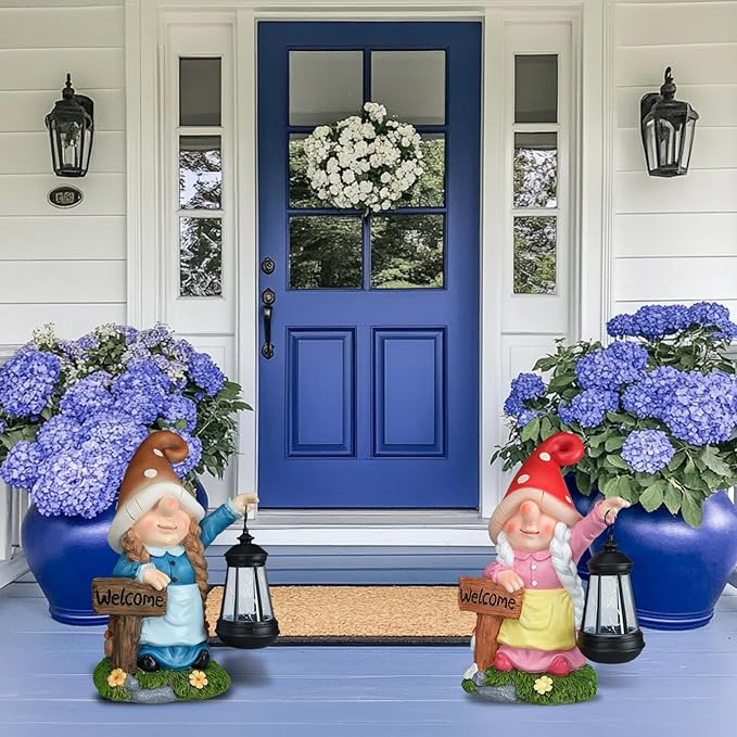 Solar Large Gnome Garden Statue with Welcome Sign Outdoor Decor with LED Lantern Funy for Porch Yard Patio Lawn Ornament Christmas Housewarming Gardening Gift-Ruum Studio Home