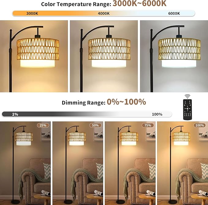 Arc Floor Lamp for Living Room Boho Floor Lamps with Remote Control & with 3 Color Temperatures,Rattan Wicker Standing Lamp Dimmable Tall Floor Lamp for Bedroom Living Room Corner-Ruum Studio Home