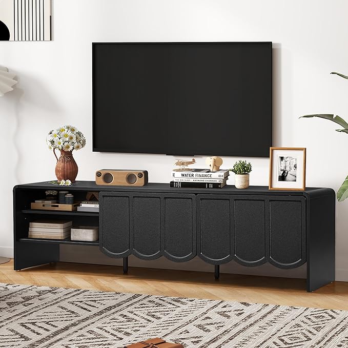 ORRD 63'' TV Stand, Modern TV Console Table Wave Panel Television Stands Entertainment Media Center with Storage Compartment and Sliding Door for Living Room (Black)-Ruum Studio Home