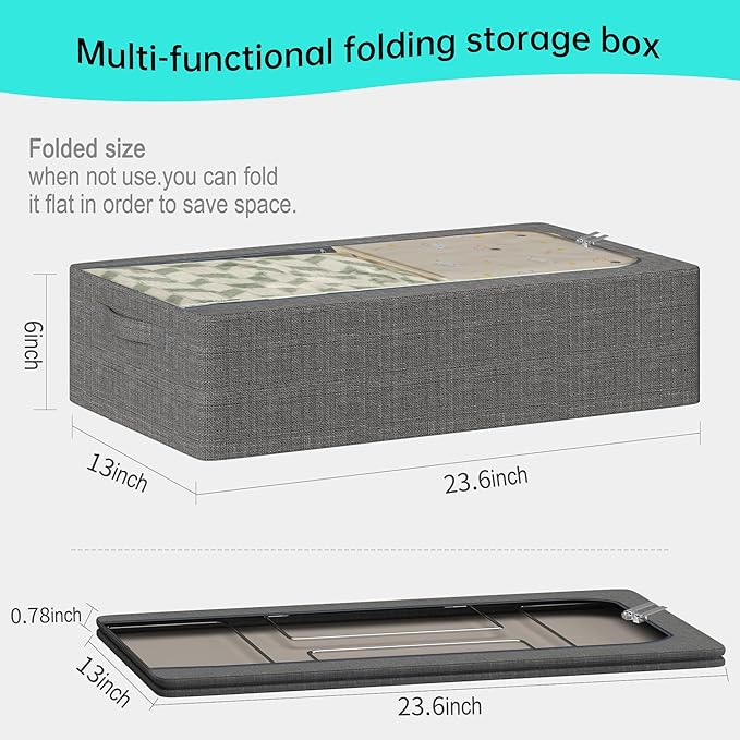 3PCS Under Bed Storage Bins with Metal Frame, Linen Fabric Frame Storage Box Clothes Organizer Bins, Underbed Container with Clear Window (Dark Grey, 15.7 x 13 x 6IN)-Ruum Studio Home