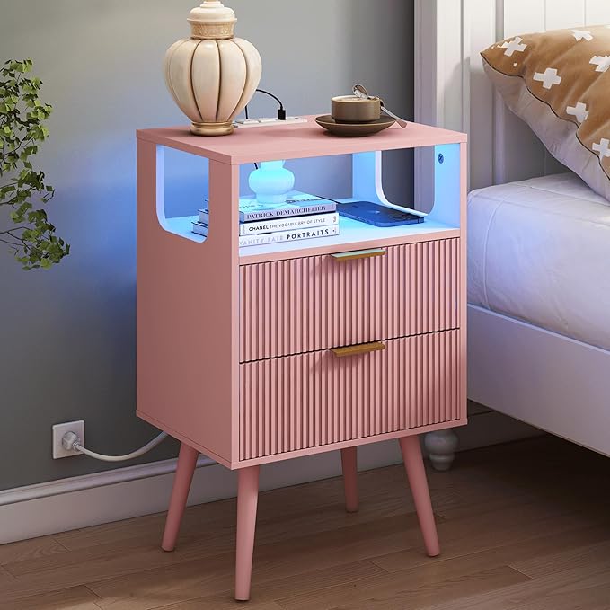 Pink Nightstand with Charging Station and LED Lights,Modern Bedside Table with 2 Storage Drawer and Open Wood Shelf, for Bedroom and Small Spaces,Night Stand with Solid Wood Legs,Pink-Ruum Studio Home