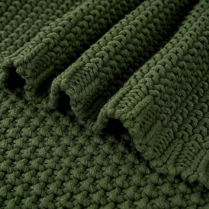 Longhui bedding Chunky Cable Knit Throw Blanket Lightweight Olive Green 100% Organic Cotton Blanket for Sofa Couch Bed Baby Nursery, Rustic Shabby Chic Modern Farmhouse, 60” x 80” Give Laundering Bag-Ruum Studio Home