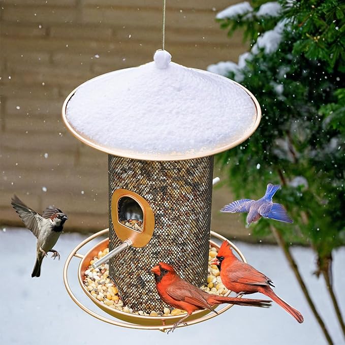 Bird Feeder for Outdoor, Metal Wild Bird Feeder Hanging Outside, 7.5" Copper Roof and 360 Degree Feeding Tray with 2 Extra Feeding Ports, 3 Lbs Bird Seeds Capacity-Ruum Studio Home