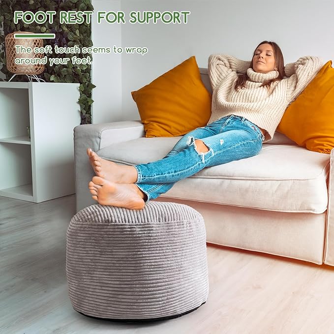 HIGOGOGO Round Stuffed Pouf Ottoman, Corduroy Poufs with Foam Chunk Filling, Furry and Fluffy Pouf Foot Stool Storage Ottoman, 20 X 15 Floor Poufs Foot Rest for Living Room, Grey-Ruum Studio Home