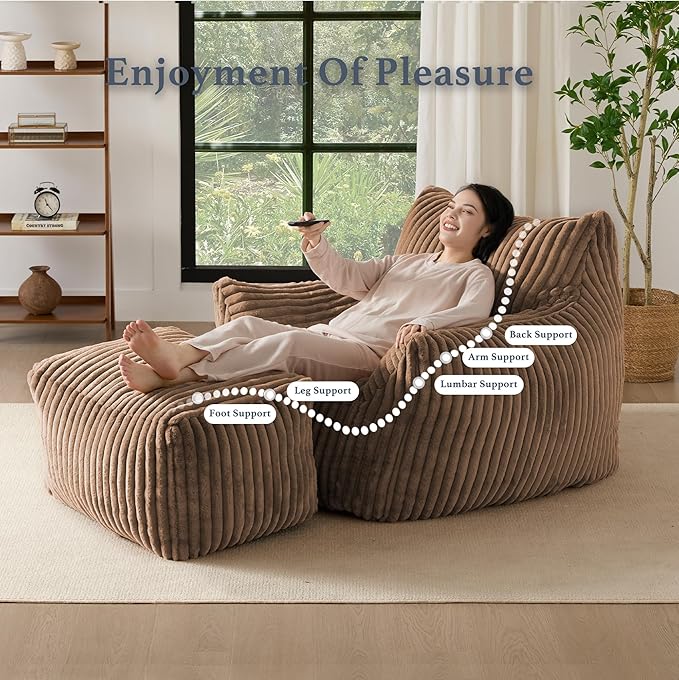 Oversized Bean Bag Chaise Lounge Chair Indoor for Adults with Armrests & Ottoman - Giant Comfy Khaki Beanbag Floor Sofa Cloud Accent Chair for Reading, Gaming, Cozy Plush Cloud Mini Couch-Ruum Studio Home