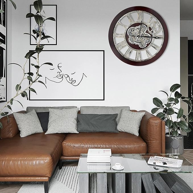 HOIBAI Wall Clock, Clocks for Living Room Decor 20 Inch Big Moving Gears Clock Farmhouse Vintage Rustic Wall Clock Vintage Roman Oversized for Home Bedroom House Kitchen Wall Decor-Ruum Studio Home
