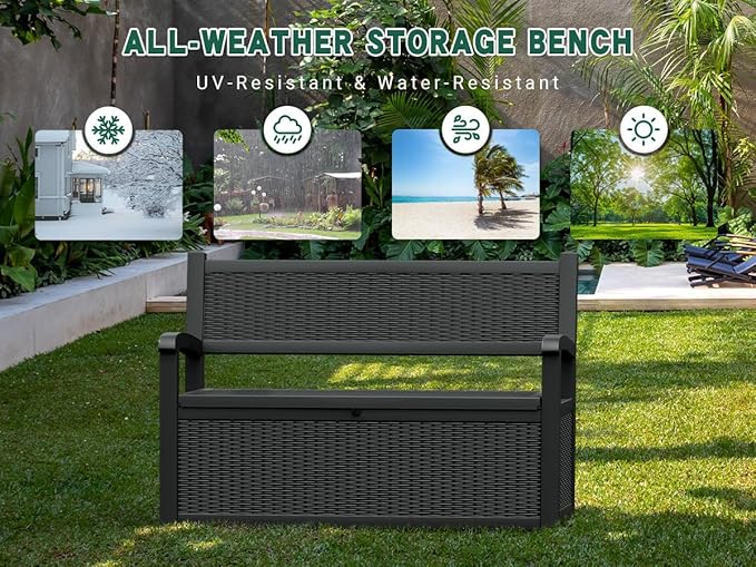 70 Gallon Outdoor Storage Box, Resin Patio Furniture with Armrest, Lockable Deck Box with Waterproof and UV Resistant for Patio Cushions, Garden Tools and Pool Supplies, Black-Ruum Studio Home