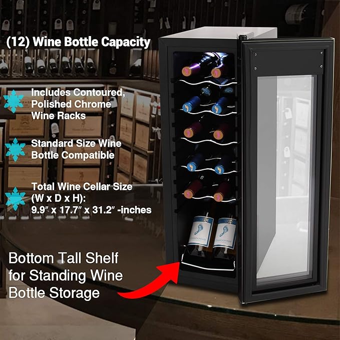 NutriChef PKCWC120 White & Red Cooler-Freestanding Countertop Compact Mini Wine Fridge Chiller Capacity, Digital Control, Glass Door, 12 Bottle-Black-Ruum Studio Home