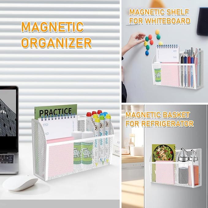 Magnetic Pencil Holder Magnetic Shelf for the Whiteboard 3-Grid Mesh Magnetic Pen Holder for Refrigerator Magnetic Organizer Locker Accessories Organizer for Office (White)-Ruum Studio Home