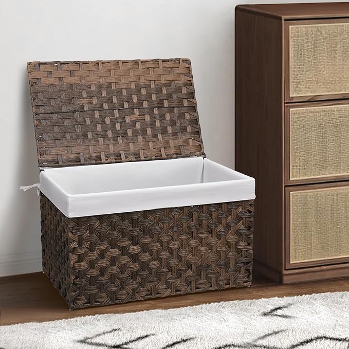 Wicker Storage Basket with Lid, 27.7 Gallon (105L) Large Blanket Basket with Lid, Woven Storage Bin with Handles, Removable Liner, Metal Frame, Foldable, for Bedroom, Laundry Room, Brown-Ruum Studio Home