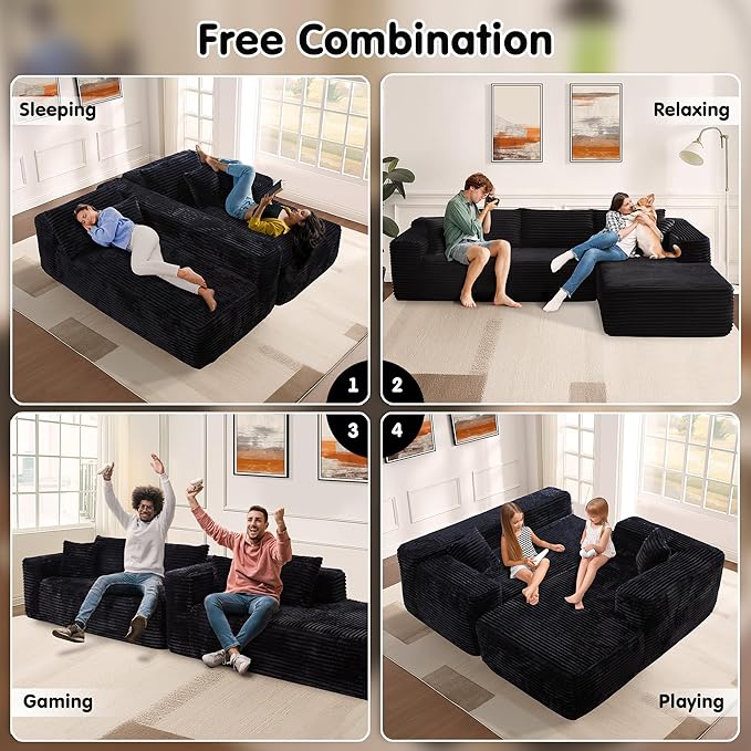 ovios 104" Cloud Sectional Couch with L-Shape Chaise,Modern Modular Sofa with Deep Seat, Upholstered Couches for Living Room Bedroom,No Assembly Required, Black (Plush Corduroy Fabric)-Ruum Studio Home