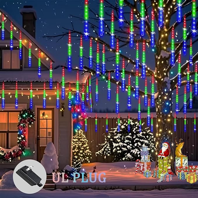 Meteor Shower Lights Outdoor Christmas Lights 24-Tube 576LEDs Snow Falling Rain Cascading Icicle Light for Christmas Tree Decorations Wedding Party Holiday Garden Decor, UL Plug Multi Color-Ruum Studio Home