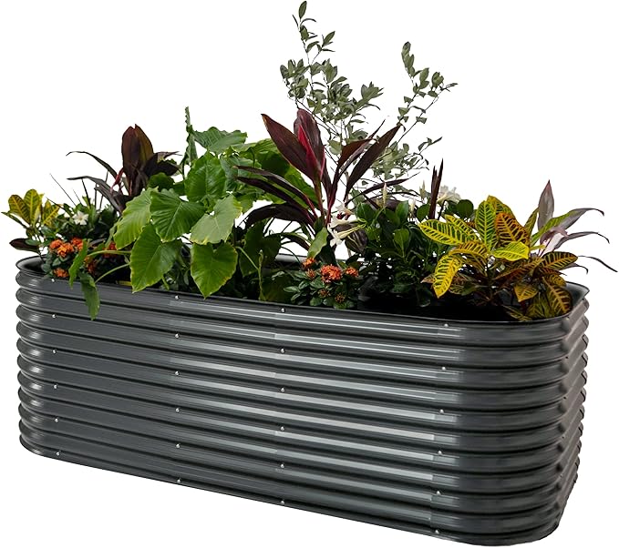 Vego garden 32" Extra Tall Raised Garden Bed Kits,10 in 1 Modular Raised Planter Box for Vegetables Flowers Fruits Oval Metal Raised Garden-Modern Gray-Ruum Studio Home