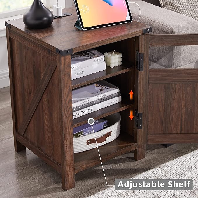 JXQTLINGMU Farmhouse End Table with Charging Station, 18'' Rustic Nightstand with Barn Door & Adjustable Shelf, Wooden Sofa Side Table with 3-Tier Storage for Living Room, Bedroom, Brown-Ruum Studio Home