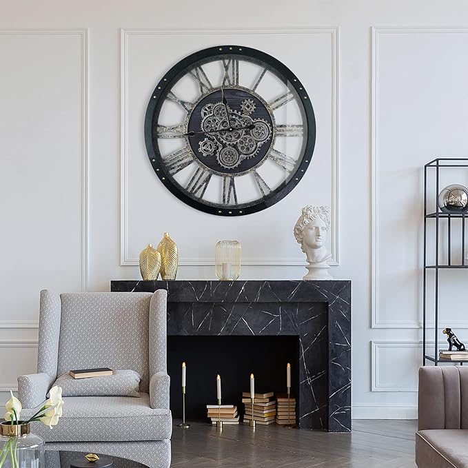 36 Inch Moving Gear Wall Clock, Oversized Wall Clocks, Clock Living Room Decor, Solid Wood Frame, Battery Operated, Large Wall Clock with Steampunk Industrial for Fireplace(Black)-Ruum Studio Home