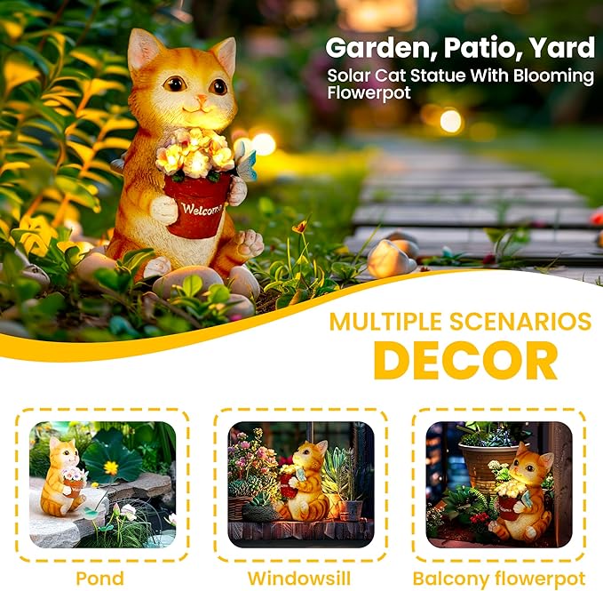 GIGALUMI Solar Garden Decor Flower Pot Cat Statues Outdoor, Birthday Gifts for Women Mom Grandma Senior Elder, Cat Ornament for Balcony, Garden, Patio, Yard, Lawn-Ruum Studio Home