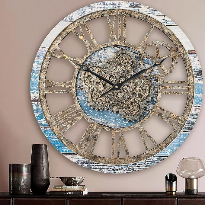 HOIBAI Large Wall Clock, Wall Clocks for Living Room Decor 20 Inch Farmhouse Vintage Rustic Kitchen Wall Decor Vintage Roman Oversized Wall Clock for Home Bedroom House Office, Moving Gears Clock-Ruum Studio Home