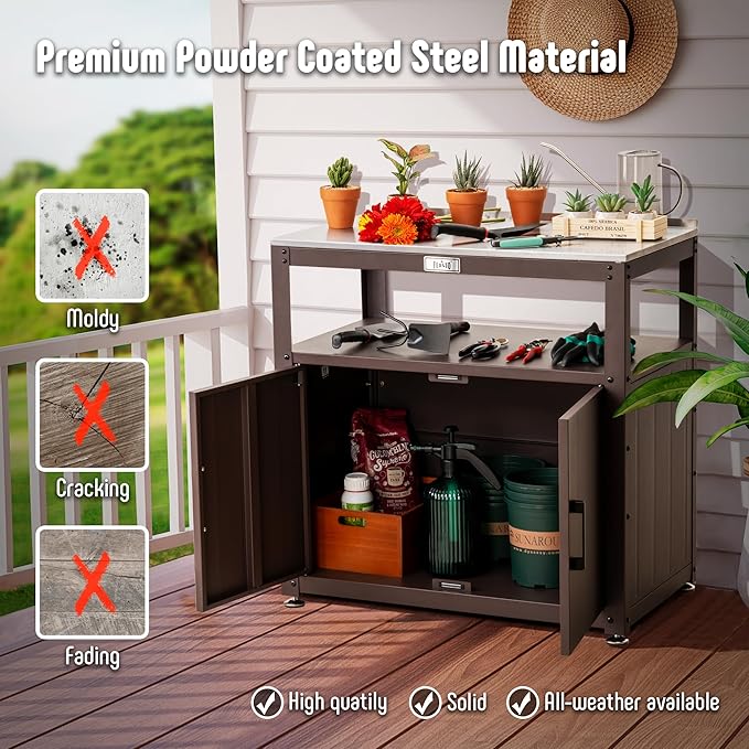 Garden Potting Bench with Storage Cabinet,Outdoor Gardening Table & Work Bench for Plants, Horticulture,Outdoor Workstation with Stainless Steel Tabletop,Outdoor Work Table-Ruum Studio Home