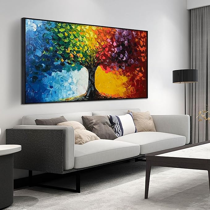 Hand Painted Colorful Tree Painting for Living Room - Bedroom Signs Wall Decor Above Bed - Large Framed Wall Art Size 29" x 59"-Ruum Studio Home