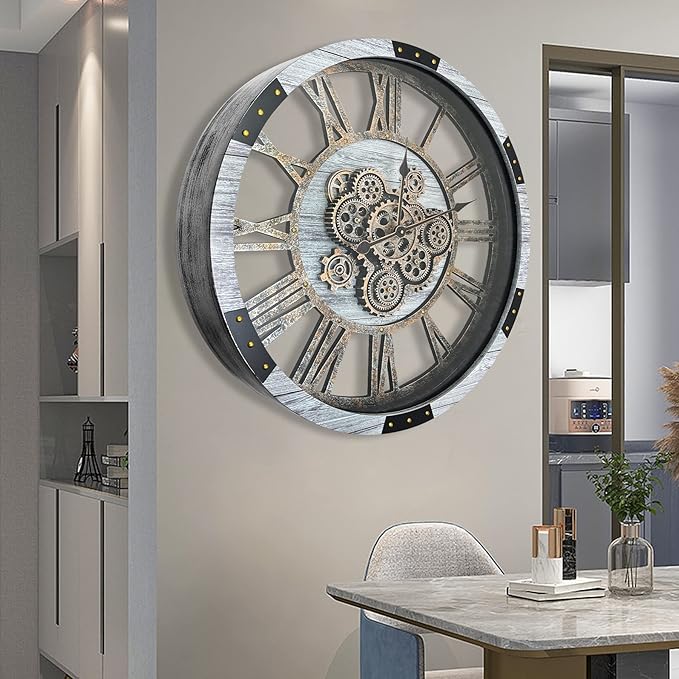DORBOKER 24" Large Wall Clock with Moving Gears,Oversize Vintage Industrial Rustic Farmhouse Clocks for Living Room Decor Office Home,Solid Wood HD Tempered Glass Cover,Silver Grey-Ruum Studio Home