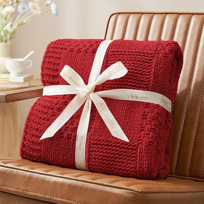 Amélie Home Chenille Knit Throw Blanket for Couch, Checkered Texture Decorative Soft Blanket for Sofa, Bed & Living Room, 50"x60", Red-Ruum Studio Home