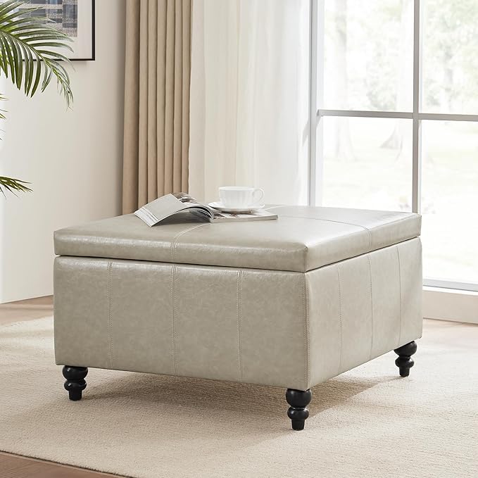 HUIMO Square Storage Ottoman, Tufted Leather Ottoman for Living Room (Khaki)-Ruum Studio Home
