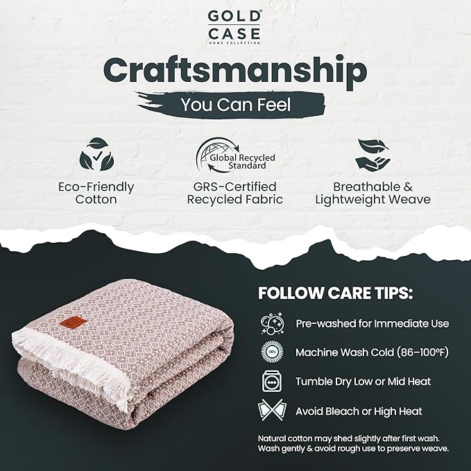 Gold Case Throw Blanket for Bed – 100% Recycled Turkish Cotton Bed Blanket – Decorative Throw Cotton Blankets for Living Room & Bedroom – Retro Beige Woven Queen Blankets – 90x90-Ruum Studio Home