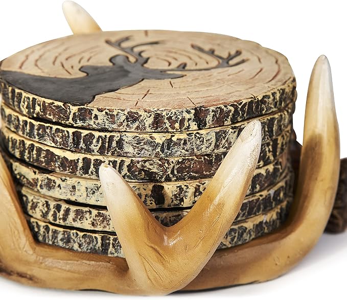 Deer Antlers Coaster Set of 6 – Handcrafted Deer Antler Decor and Man Cave Gifts for Men - 6 Full Size Deer Antlers Coasters for Man Cave Décor-Ruum Studio Home