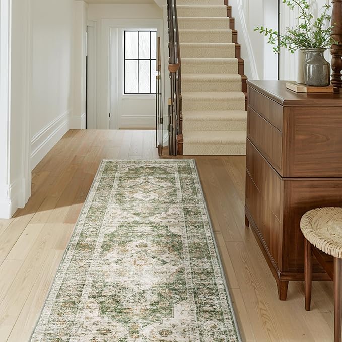 AMOAMI-2X6 Runner Rug-Washable Runners for Hallways-Soft Non Slip Bedside Rugs for Bedroom-Vintage Long Rug for Hallways Entryway Laundry Room Stair Kitchen Bathroom Olive Green-Ruum Studio Home