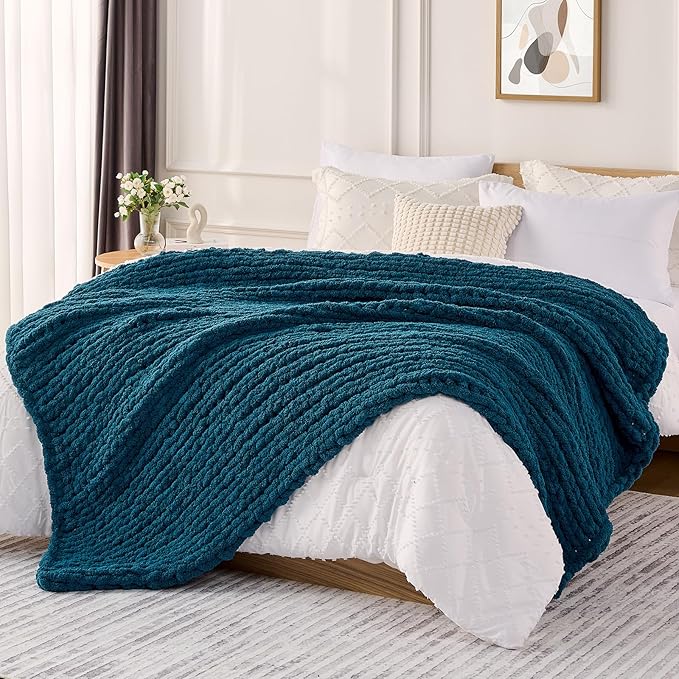 L'AGRATY Chunky Knit Blanket Throw: 72''x84'' Chenille Chunky Knitted Throw Blankets for Bed Couch - Handmade Thick Big Cable Knit Blanket - Large Crochet Rope Blankets for Home Decor(Blue)-Ruum Studio Home