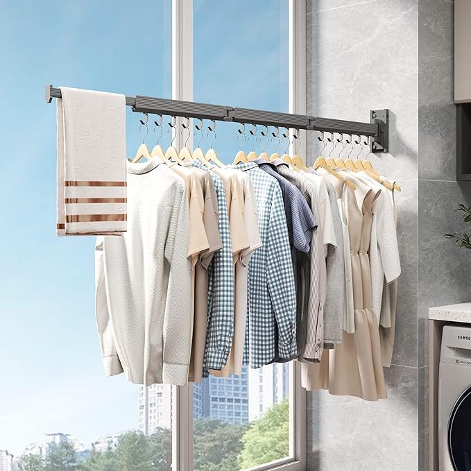 Wall Mounted Clothes Drying Rack,Laundry Drying Rack Wall Mount,Clothes Hanger,Drying Rack Clothing,Retractable Laundry Rack for Hanging Clothes,Collapsible,Foldable,Grey-Hooks-Ruum Studio Home