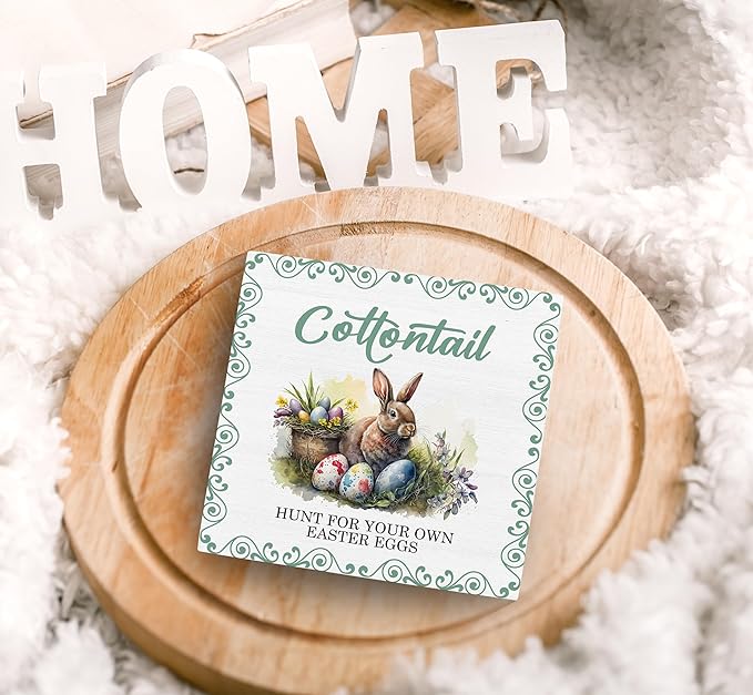 SRADMO Easter Wooden Block Decorative Sign, 5x5 inches, Wood, Tabletop Mount, Multicolor, Easter Theme, Rustic Style, Pre-Printed Text: Cottontail-Ruum Studio Home