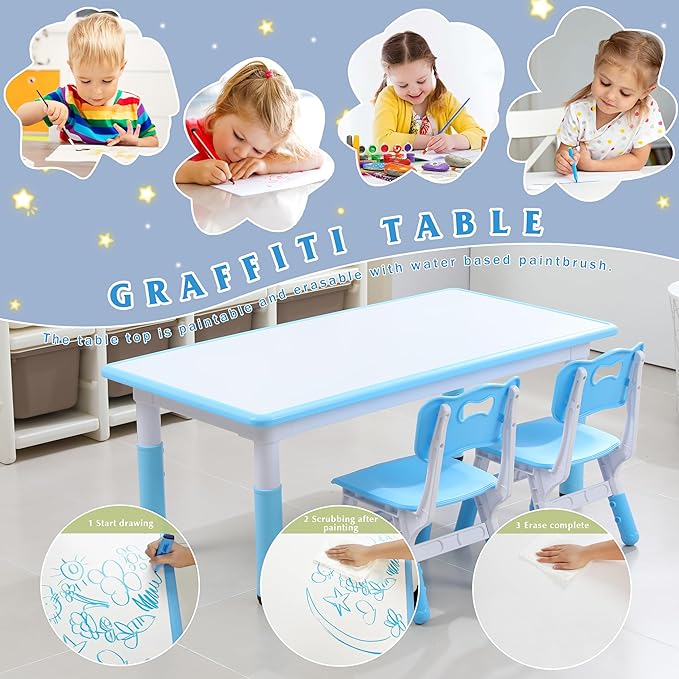 Kids Table and 6 Chairs Set with Graffiti Desktop, Toddler Furniture Set, Non-Slip, Table Children Study Desk, Dining Table, Height Adjustable Desk, Painting Desktop for Kids (47.2x23.6Inch)-Ruum Studio Home