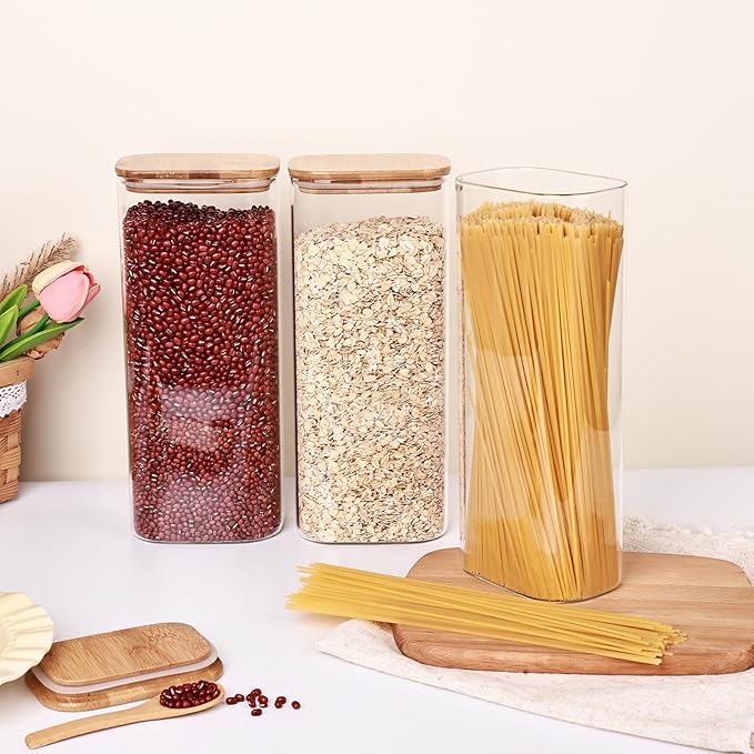 Liuruiyu Glass Storage Jars Set of 3, Clear Glass Food Storage Containers with Airtight Bamboo Lid Stackable Kitchen Canisters for Candy,Cookie,Rice,Sugar,Flour,Pasta(Flat)-Ruum Studio Home