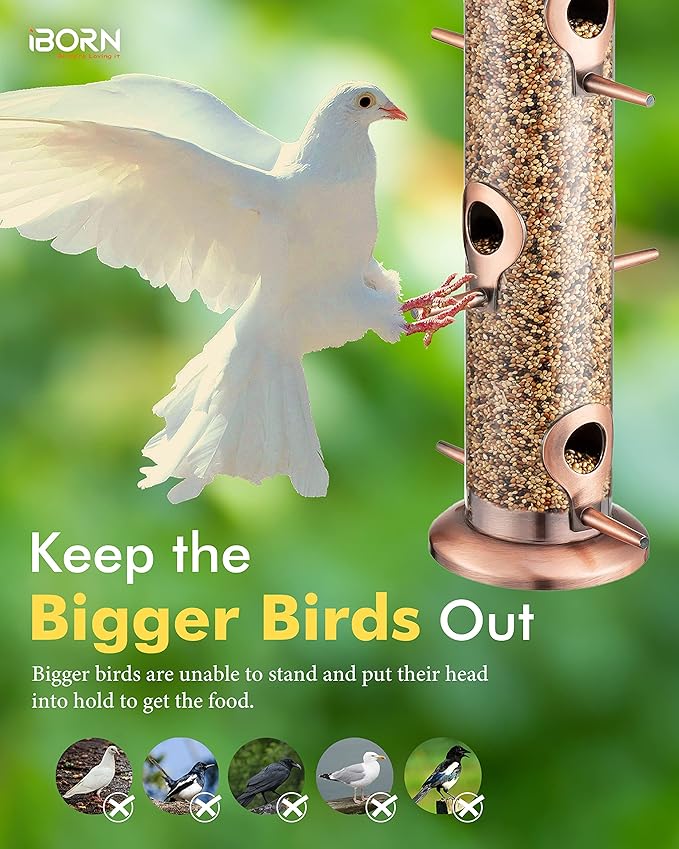 iBorn Metal Bird Feeders Brushed Copper Wild Bird Feeder for Outdoors Hanging All Metal Brushed Copper Finishing 14 Inch 6 Port,Pack of 2-Ruum Studio Home