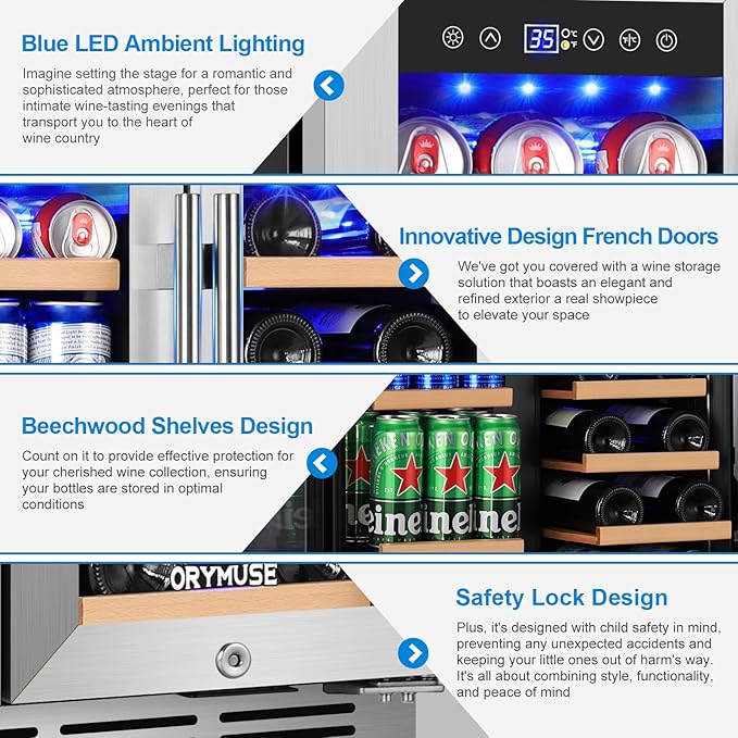 24 Inch Dual Zone Wine and Beverage Refrigerator, Built-in or Freestanding Cooler with French Doors, Drink Fridge with Upgraded Compressor for Beer, Wine, and Soda-Ruum Studio Home
