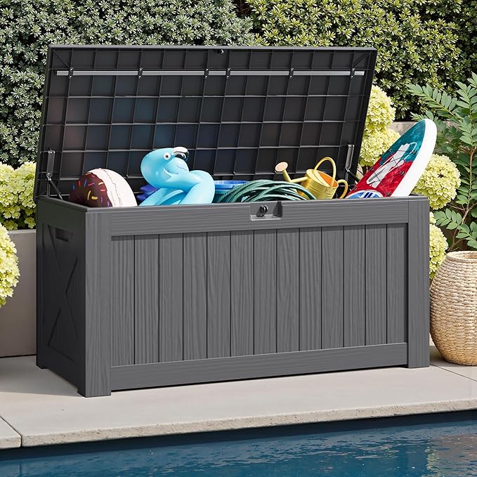 JUMMICO 120 Gallon Resin Deck Box, Large Outdoor Storage Box Waterproof & Lockable for Garden, Patio, Pools (Gray)-Ruum Studio Home