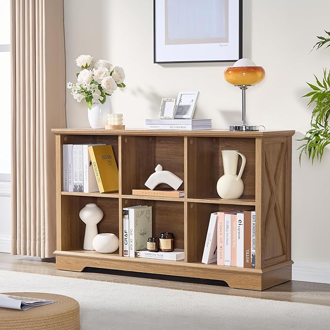 Farmhouse 6 Cube Bookshelf, Storage Organizer Bookcase, Kids Toy Storage Cabinet, Long Bookshelves Storage Organizer Shelf, Wood Display Cabinet Book Shelves for Bedroom,Living Room,Natural Oak-Ruum Studio Home