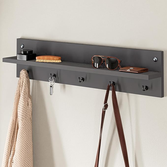Modern Wall-Mounted Coat Rack with Shelf and Hooks - Wooden Entryway Organizer (Grey)-Ruum Studio Home