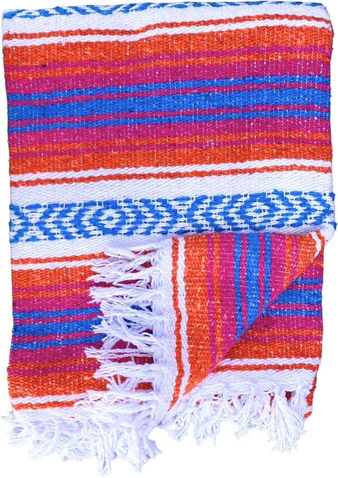 Del Mex Classic Mexican Blanket, Large Authentic Woven Falsa Throw (70"x50"), Artisan Southwest Décor for Beach, Yoga, Outdoors (Orange/Pink/Blue)-Ruum Studio Home