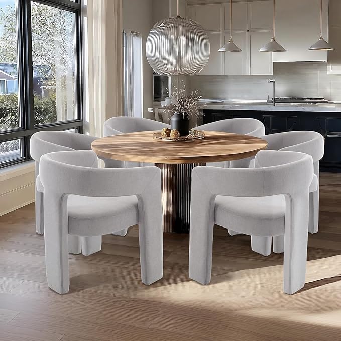 Grey Chenille Dining Chairs Set of 2, Modern Barrel Dining Room Chairs Upholstered Faux Fur Accent Chair with Arms and Round Back for Living Room Kitchen Armchair No Assembly Needed-Ruum Studio Home